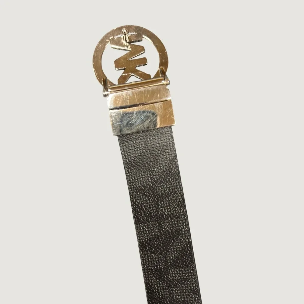 Michael Kors Reversible Belt Brown Black MK Logo Monogram Silver Buckle 40.5in